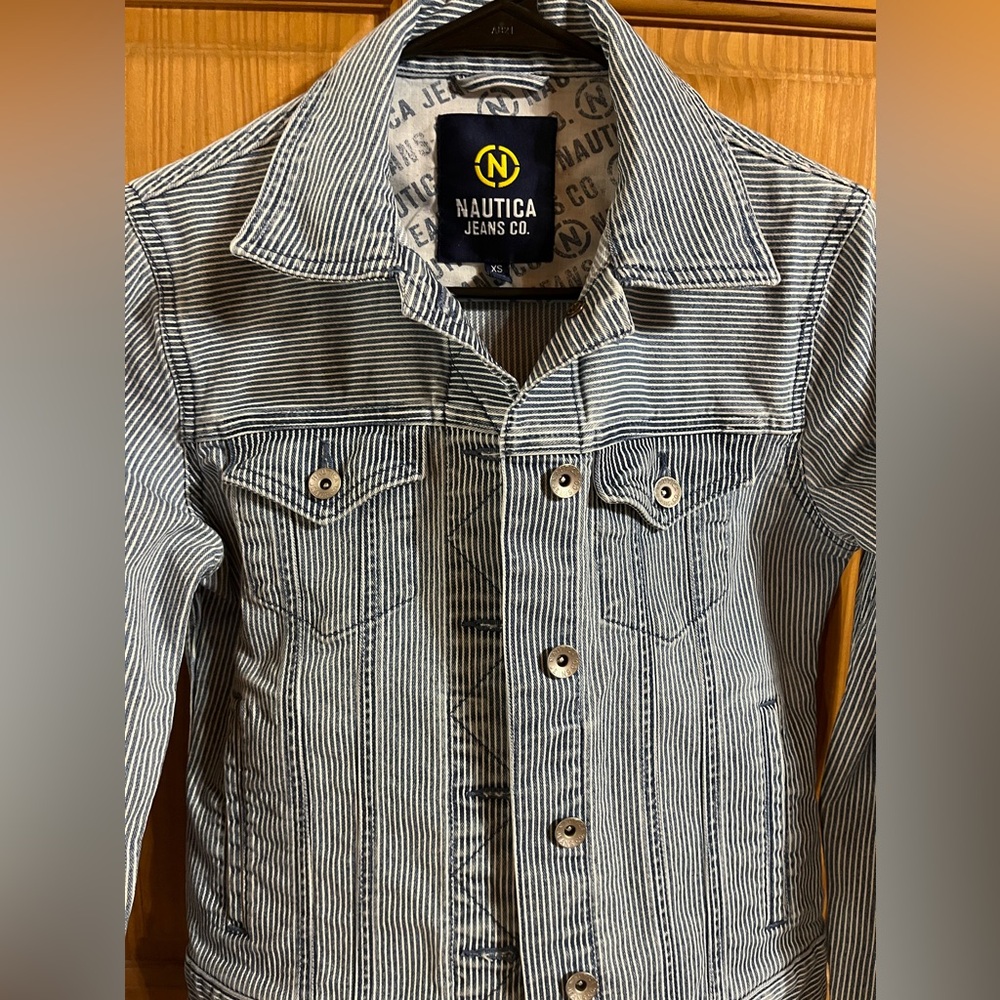 Nautica Blue and White Striped Denim Jacket